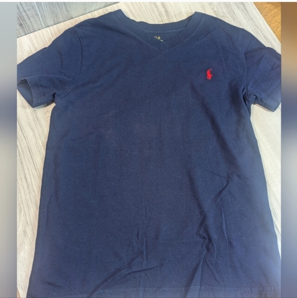 Boys Polo Ralph Lauren T Shirt Size 7 White/Navy Pony Chest V-Neck
